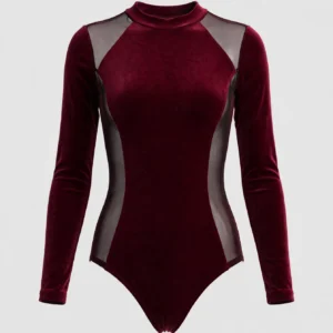 Burgundy mesh-panel long-sleeve leotard