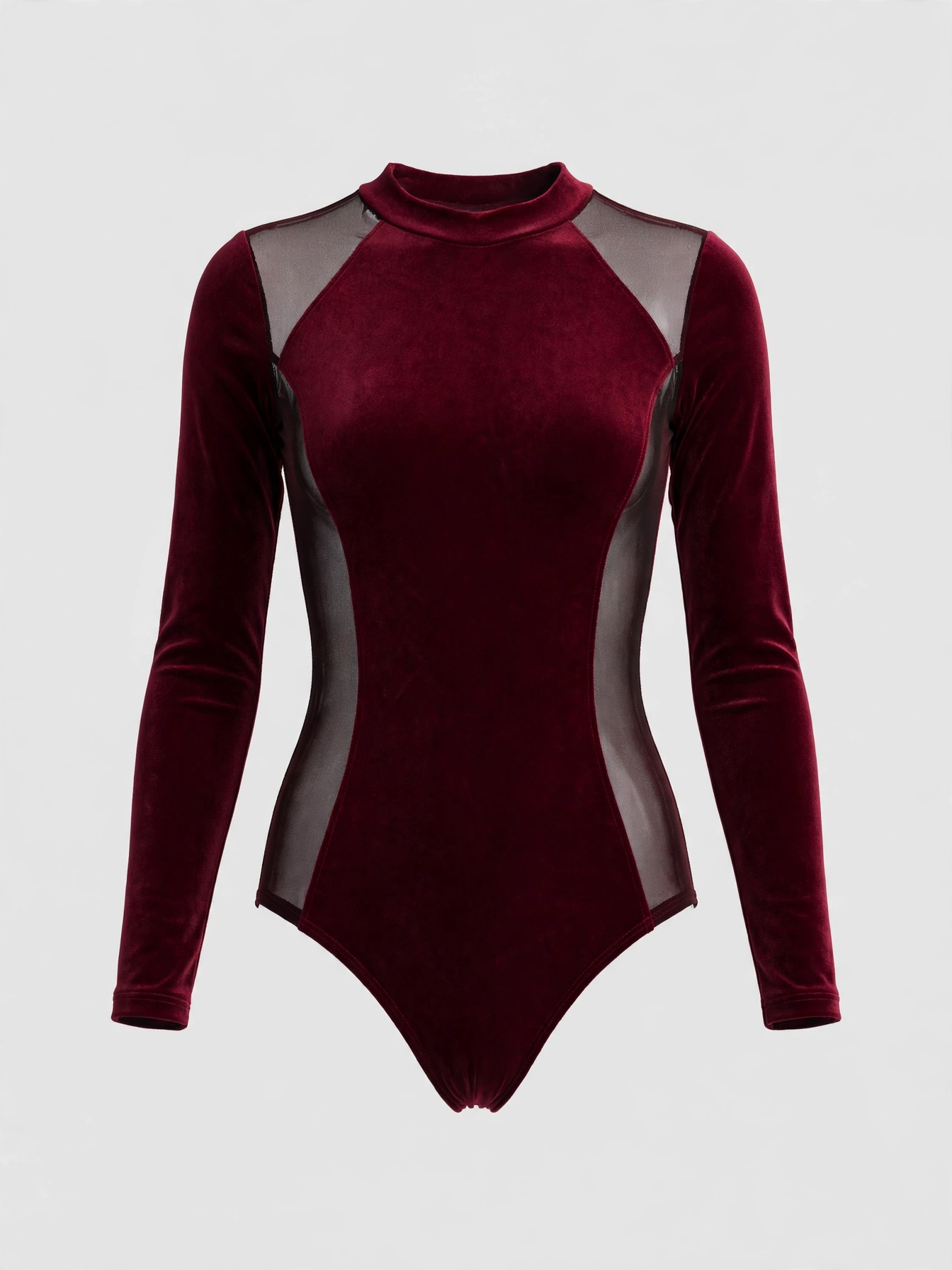 Burgundy mesh-panel long-sleeve leotard